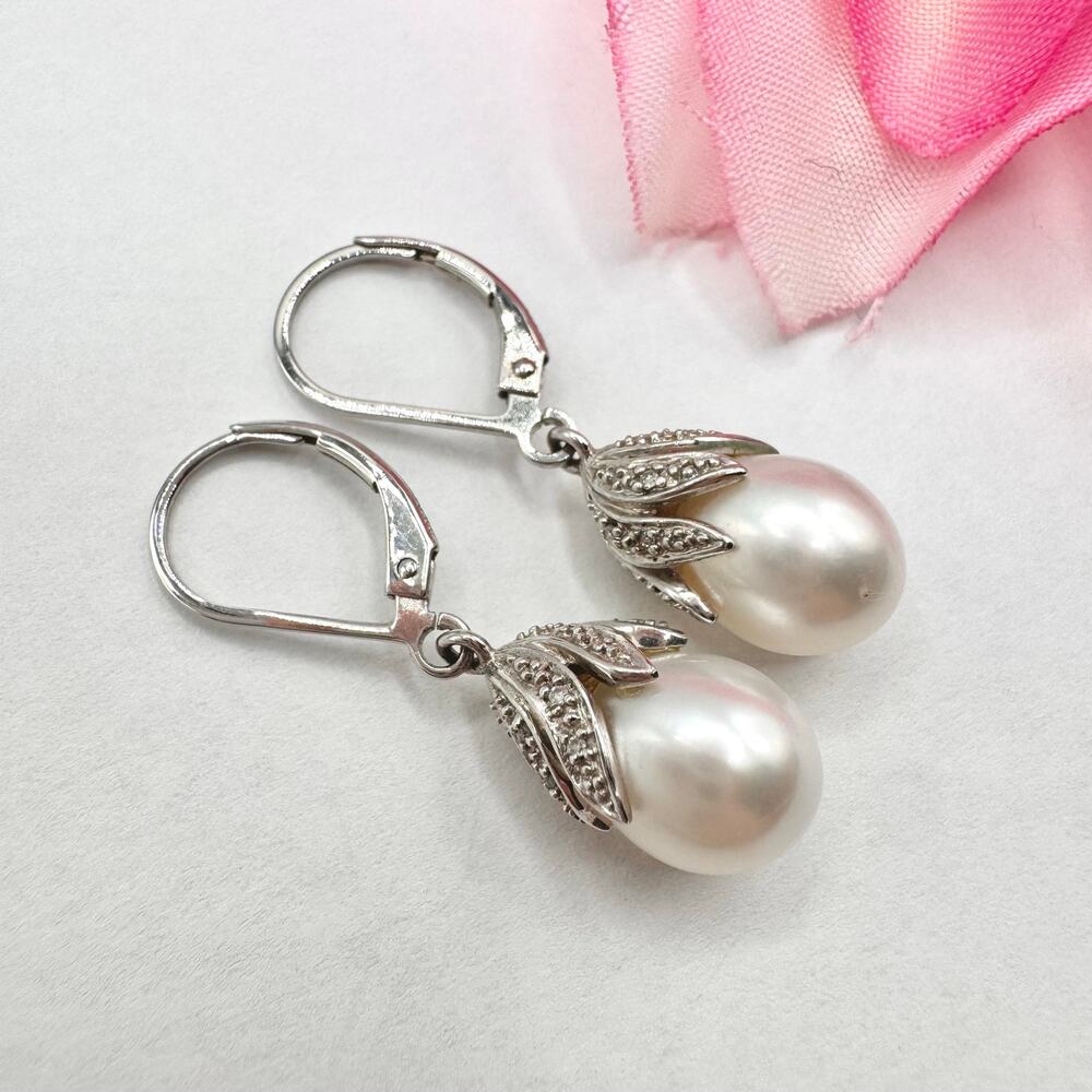 Sterling Silver 925 Pearl Drop Earrings Bridal Winter Wedding Bride Signed QS